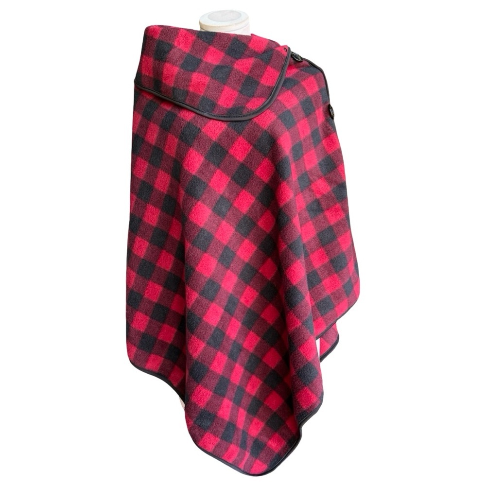 Le Moda Red Black Buffalo Plaid Side Mock Big Collar Button Wrap Cape - One Size